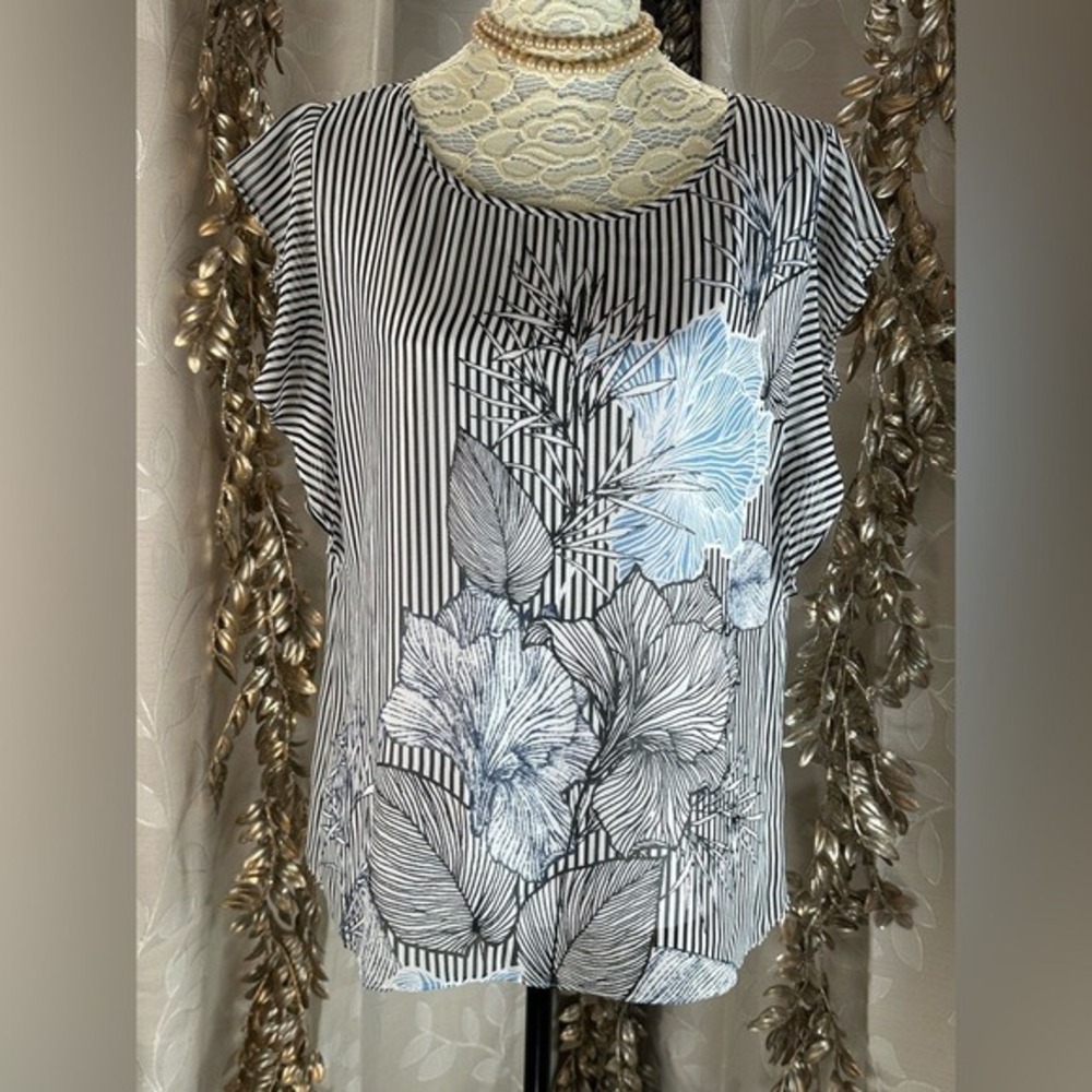 Vince Camuto Womens Striped Floral Ruffle Cap Sleeve Blouse Black Blue Large
